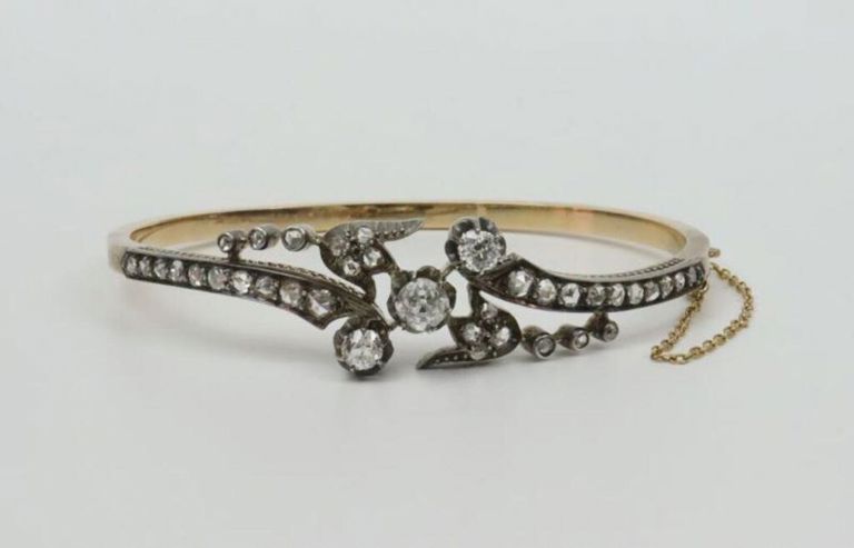 Antique French 18k rose gold diamond bangle bracelet