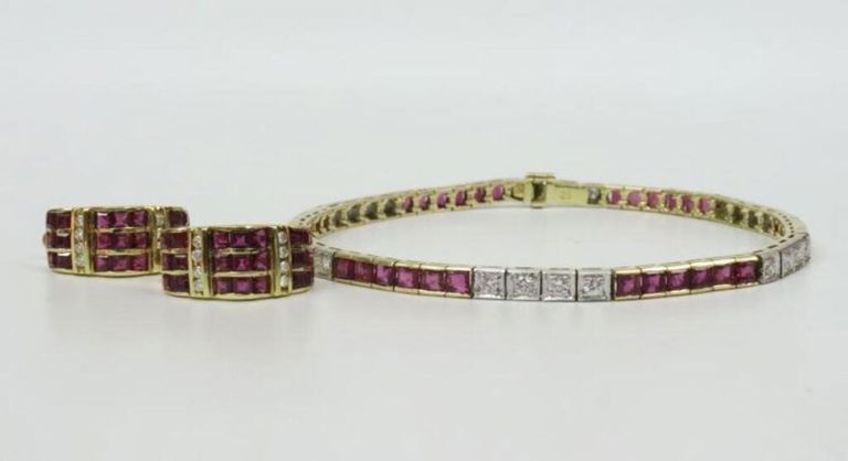 Ruby and diamond bracelet and earrings