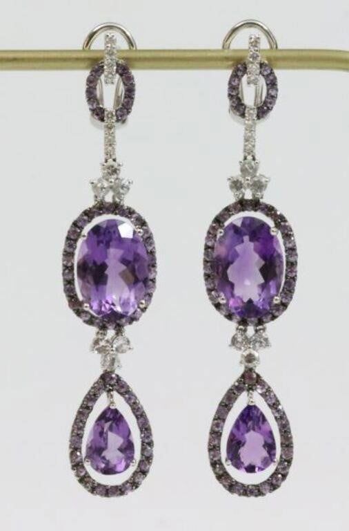 Pair 18k amethyst & gemstone pendant earrings