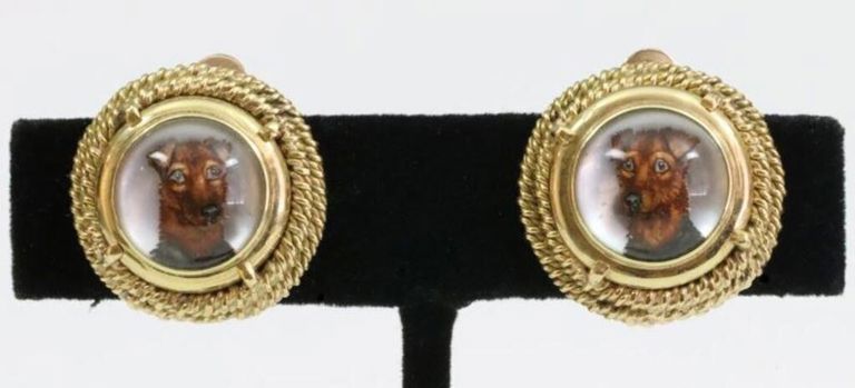 Pair 14k rock crystal Intaglio terrier ear clips