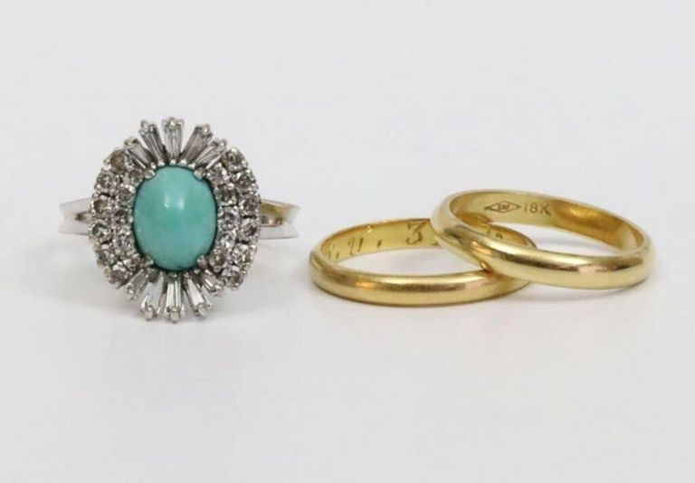 10k ballerina ring and 18k gold bands