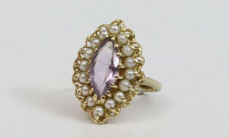 14k marquise shape amethyst and pearl ring