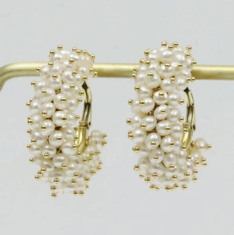 Pair of Italian 18k pearl hoop earrings by Le-Gi