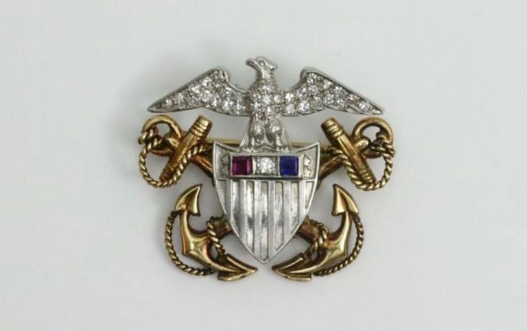 Tiffany platinum and 14k gold gem-set militaria pin