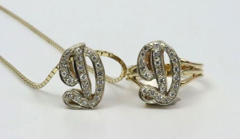 14k diamond initial 'D' ring and pendant on chain