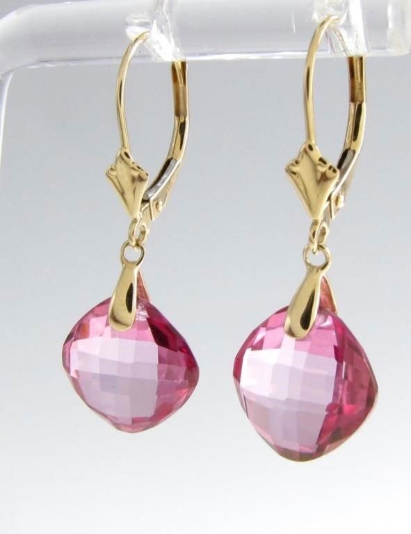 Pair of 14k yellow gold pin topaz drop earrings