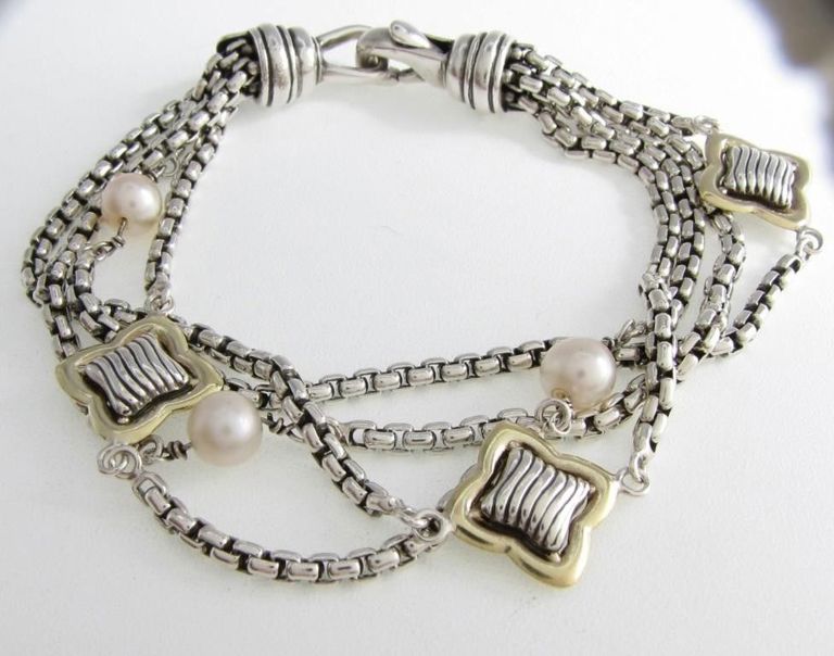 David Yurman sterling silver bracelet with pearls and gold accents