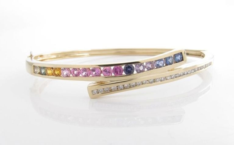 14k yellow gold rainbow sapphire and diamond bangle