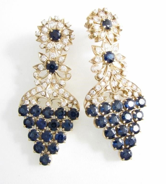 Pair of 18k yellow gold diamond and sapphire chandelier earrings