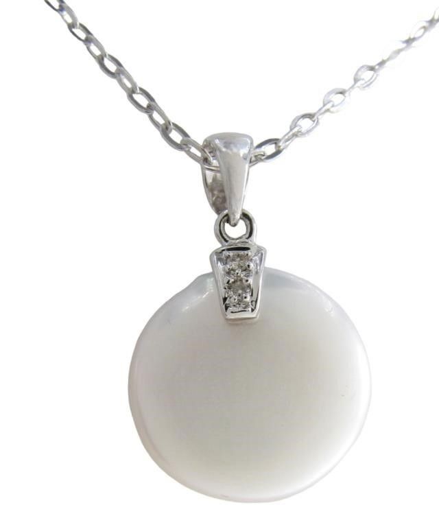 14k white gold coin pearl diamond pendant with chain