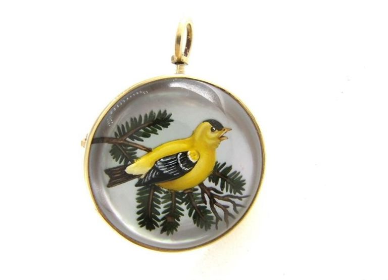 14k yellow gold vintage English crystal goldfinch pin/pendant