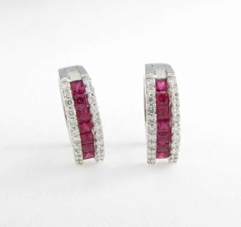 14k white gold ruby and diamond huggie earrings