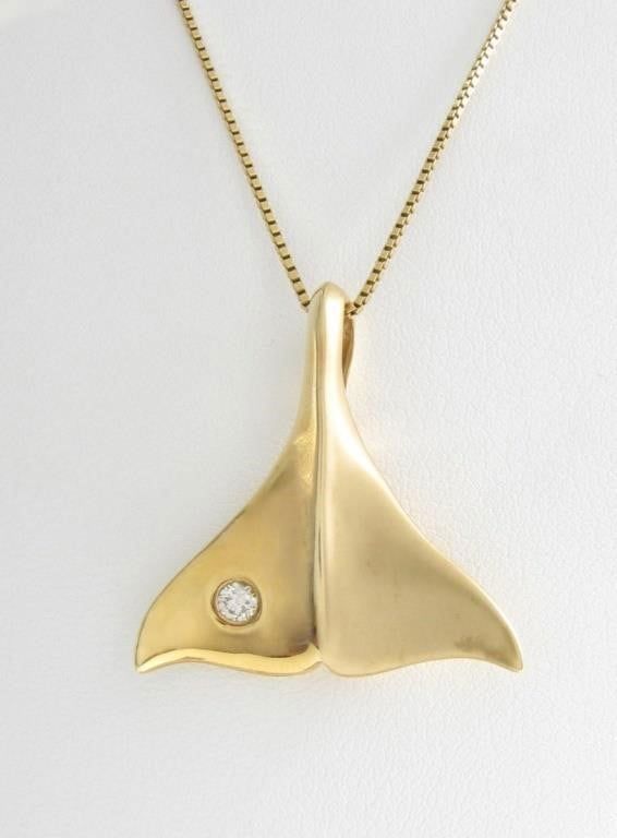 14k yellow gold Maui Hawaii Whale Tail pendant with diamond
