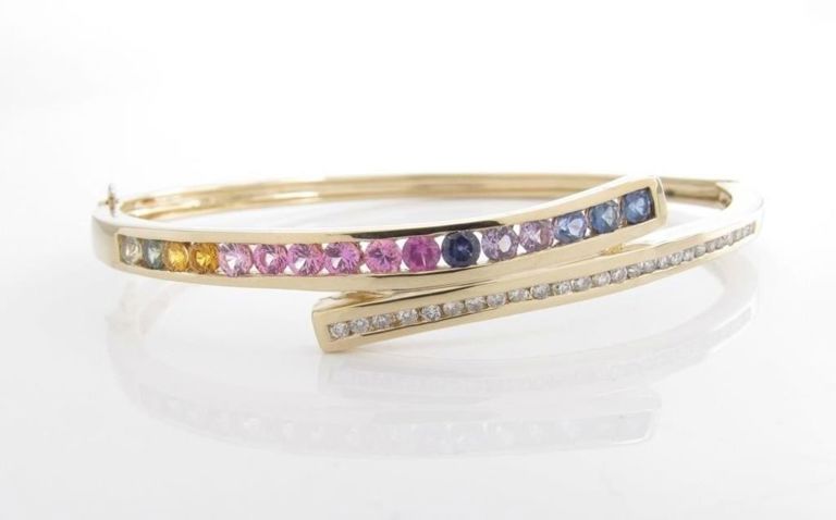 14k yellow gold rainbow sapphire and diamond bangle