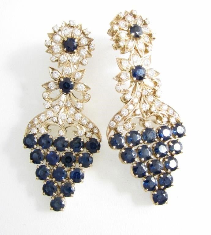 Pair of 18k yellow gold diamond and sapphire chandelier earrings