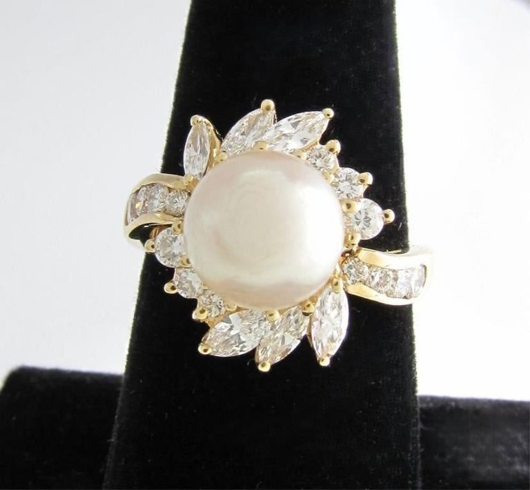 14k yellow gold cultured pearl, diamond ring