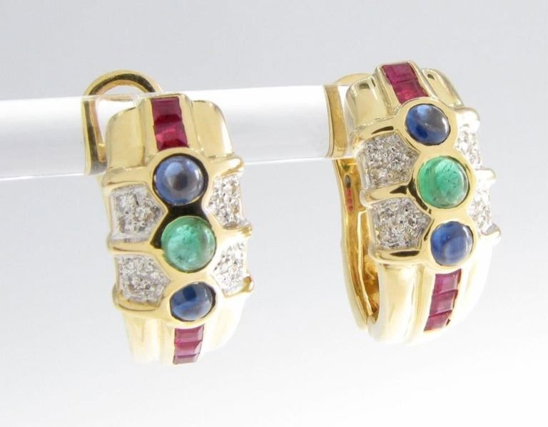 18k yellow gold emerald, ruby, sapphire, and diamond earrings
