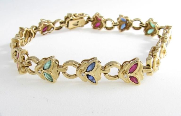 18k yellow gold ruby, sapphire, emerald, and diamond butterfly bracelet