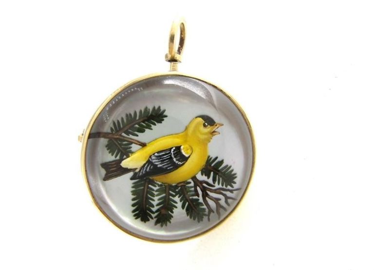 14k yellow gold vintage English crystal goldfinch pin/pendant