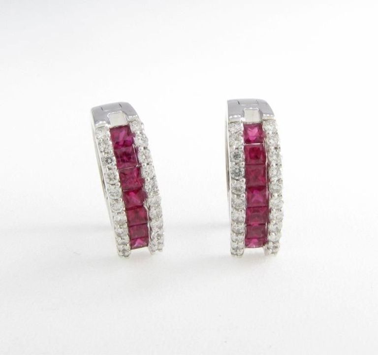 14k white gold ruby and diamond huggie earrings