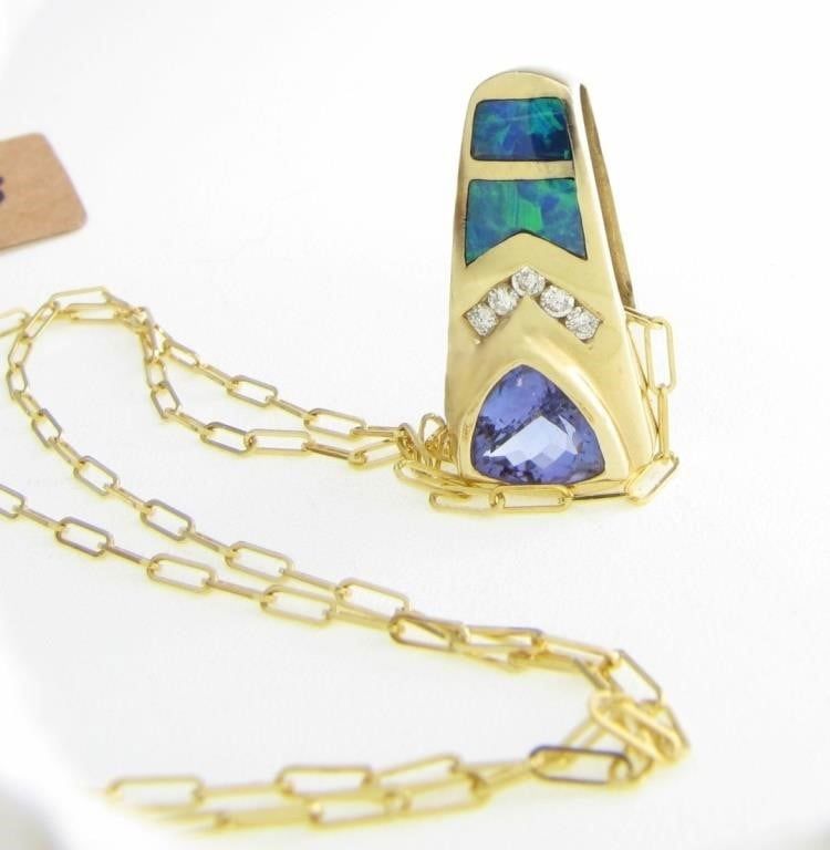 14k yellow gold opal, diamond, and tanzanite pendant with chain