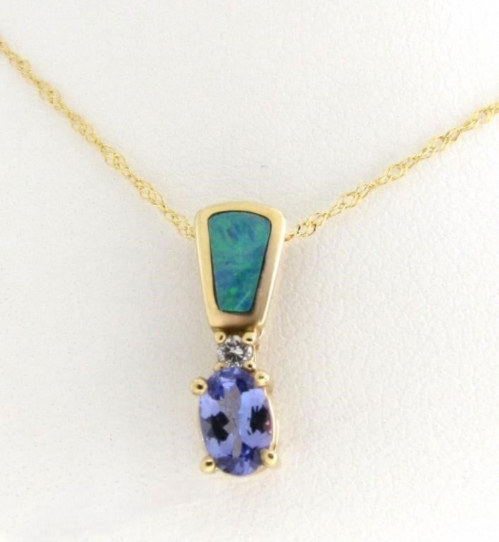 14k yellow gold tanzanite and opal pendant with chain