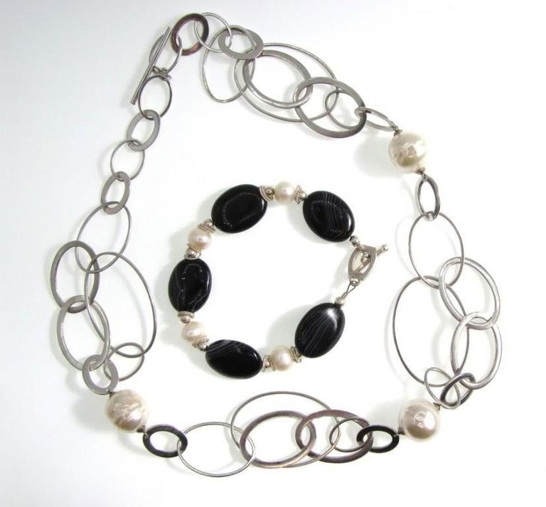 Sterling silver, pearl, and agate necklace and bracelet