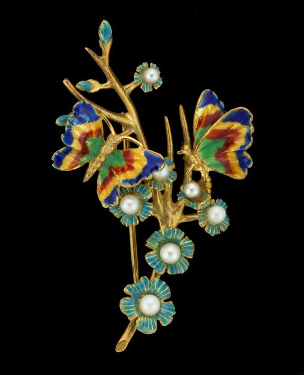 Vintage Italian 18k Yellow Gold, Enamel, and Pearl Figural Brooch / Pin
