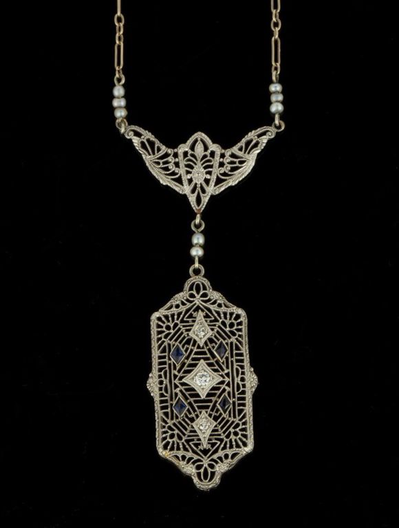 Art Deco Platinum, 14k Gold, Diamond, and Sapphire Filigree Necklace