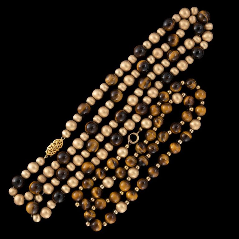Vintage 14k Yellow Gold and Tiger's Eye Beaded Necklaces