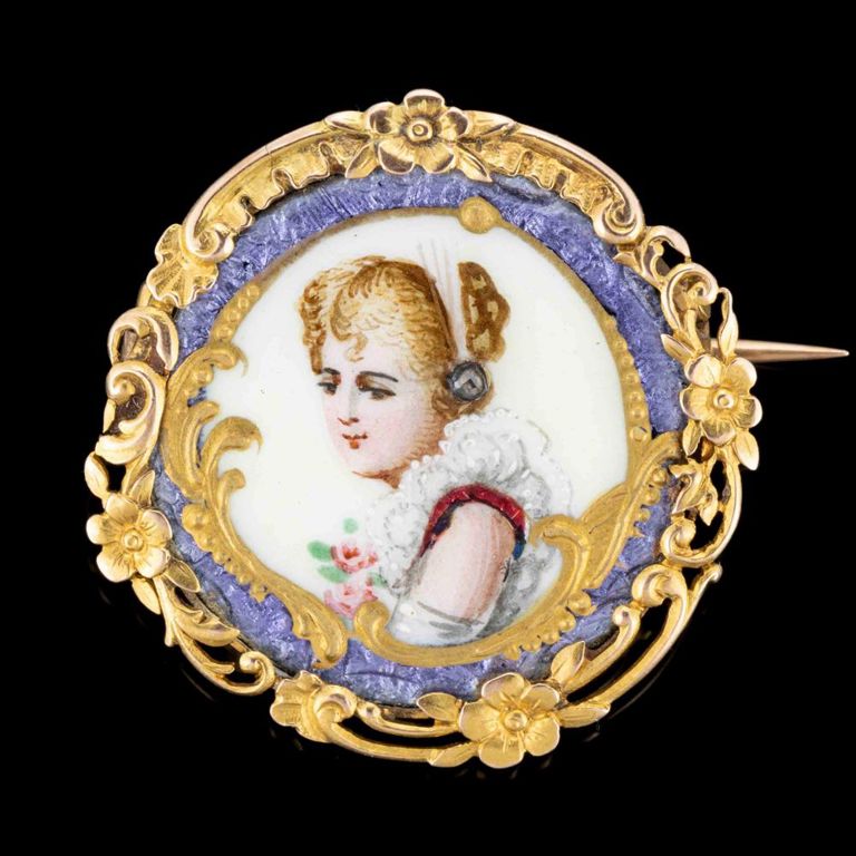 Antique French 18k Yellow Gold and Enamel Brooch