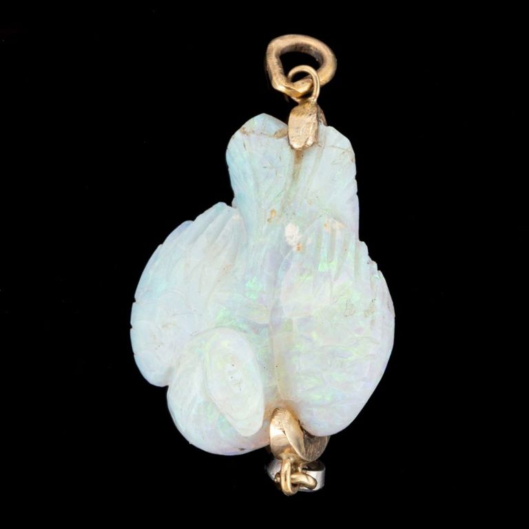 Vintage 10-14k Gold, Carved Opal, and Diamond Figural Bird Pendant