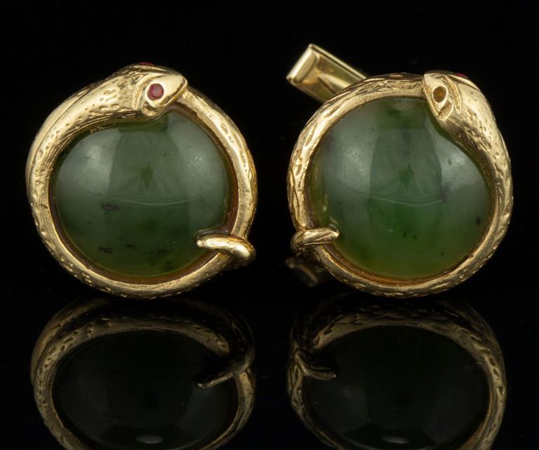 Vintage 14k Yellow Gold and Jade Figural Snake Cufflinks
