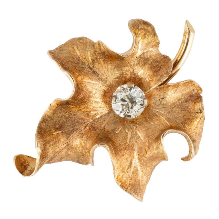 Vintage 14k Yellow Gold and Approx. 1.5 Ct. Diamond Figural Leaf Brooch