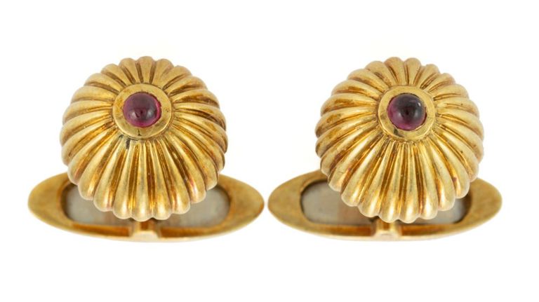 Vintage Tiffany & Co. Retailed Italian 18k Yellow Gold and Ruby Cufflinks, Pair