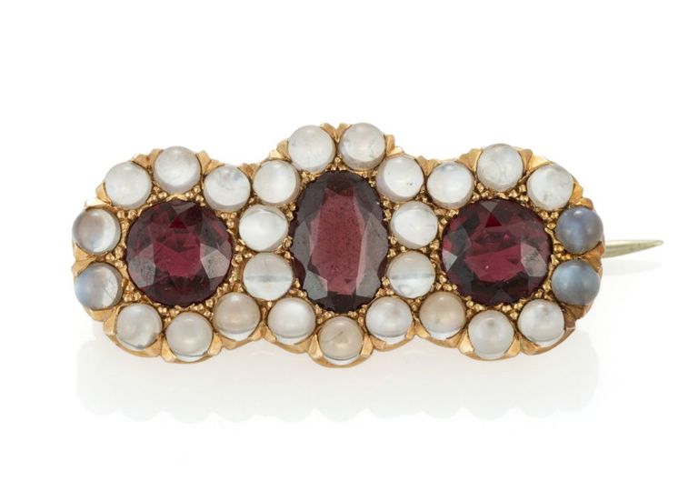 Victorian 14k Yellow Gold, Garnet, and Moonstone Brooch