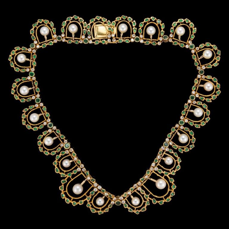 Antique / Vintage 18k Yellow Gold, Diamond, Emerald, and Pearl Collar Necklace