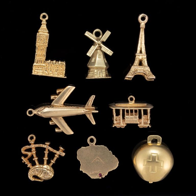 Vintage 9k, 14k, and 18k Yellow Gold Travel-themed Figural Charms