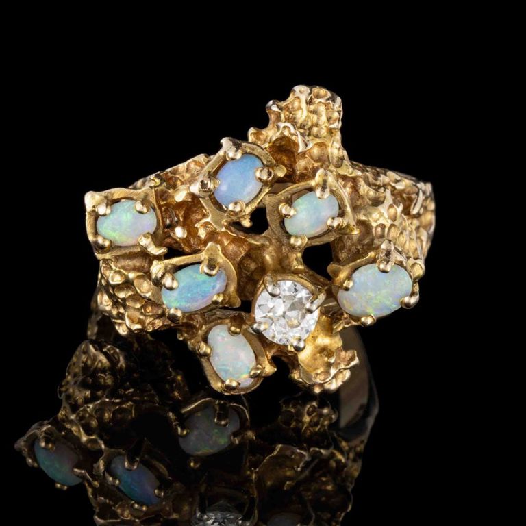Vintage Brutalist 14k Yellow Gold, Diamond, and Opal Lady's Ring