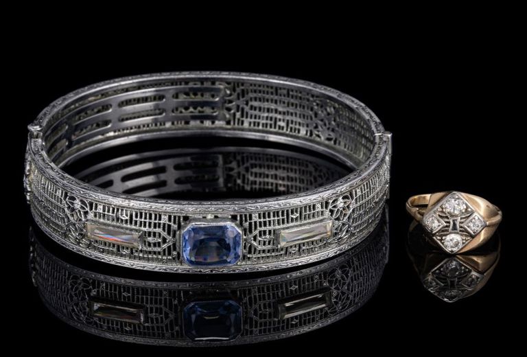 Antique Art Deco 14k Yellow Gold, Platinum, Diamond, and Sapphire Lady's Ring