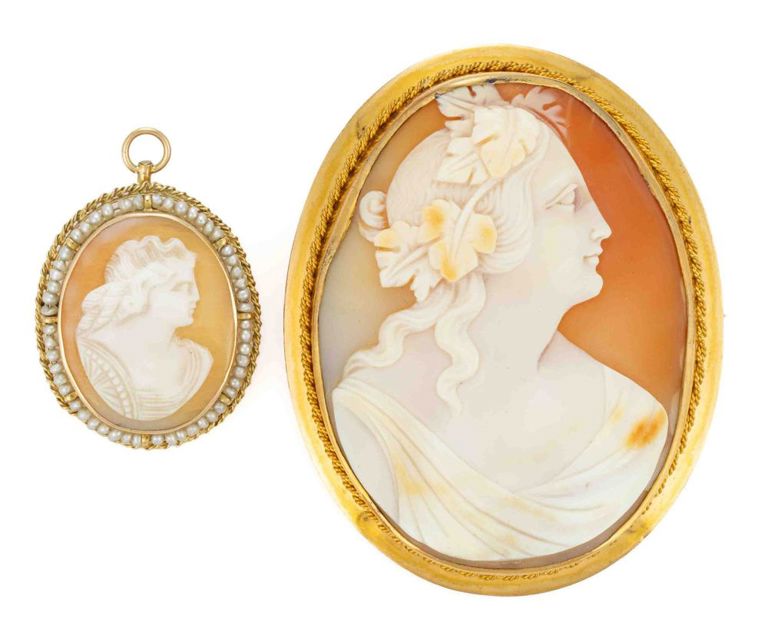 Antique 10k and 14k-18k Yellow Gold and Carved Shell Cameo Brooches