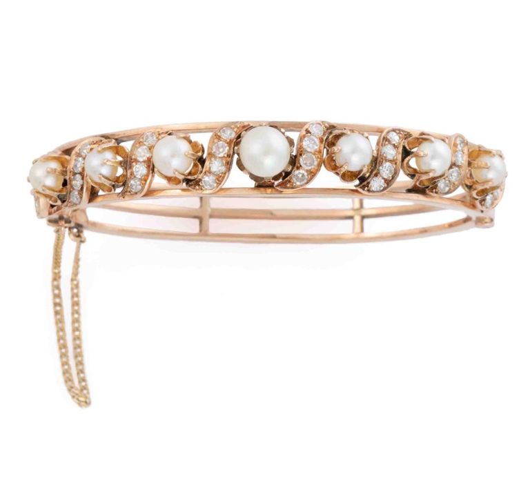 Vintage 14k rose gold, diamond, and pearl bangle bracelet