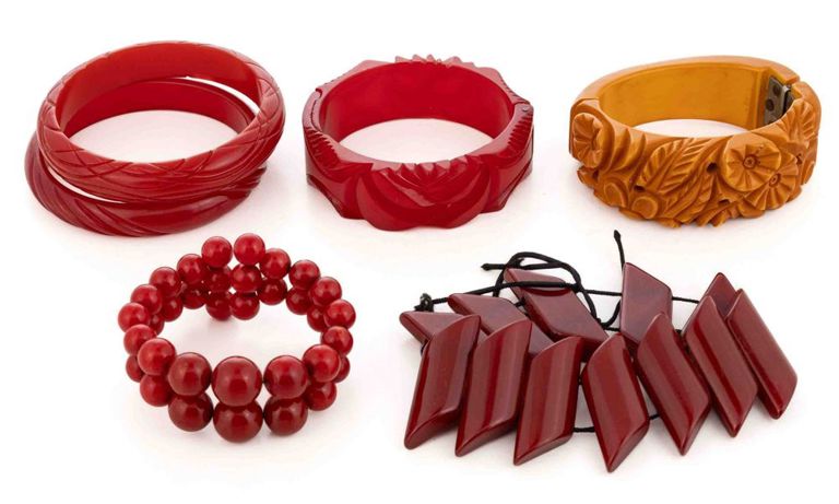 Lot of six vintage carved and beaded bakelite bracelets