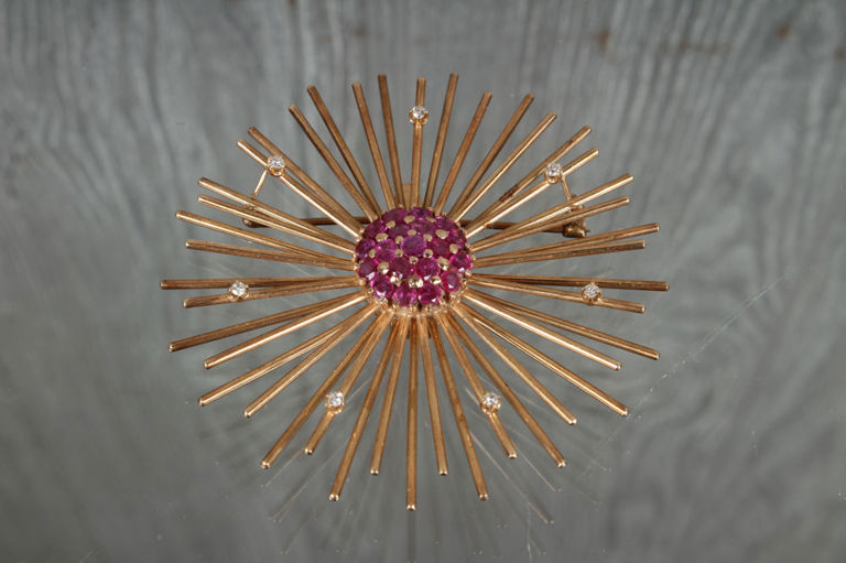 Vintage14k Gold Diamond and Ruby Starburst Brooch
