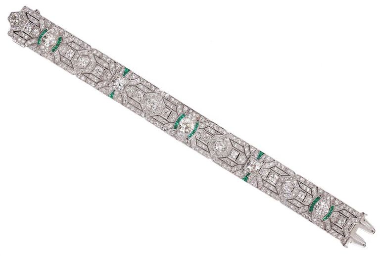 Art Deco 14ct. Diamond/Emerald/Platinum Bracelet