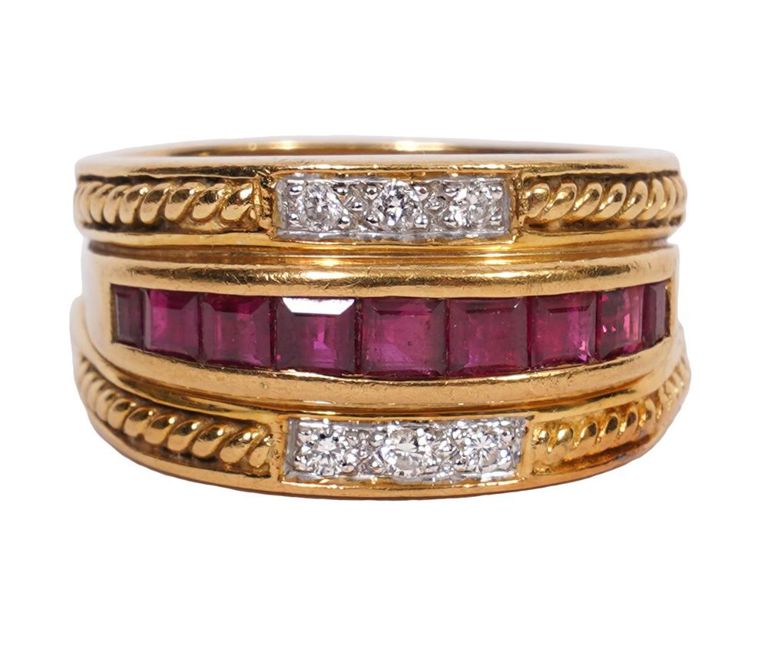 18K YG Band Set Ruby & Diamond Ring
