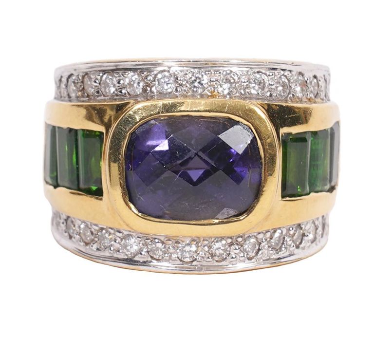 18K YG Amethyst, Tourmaline & Diamond Ring
