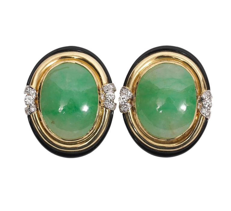 14K YG Jade, Enamel & Diamond Earrings