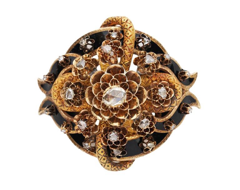 Antique Victorian 18K YG, Diamond & Enamel Brooch