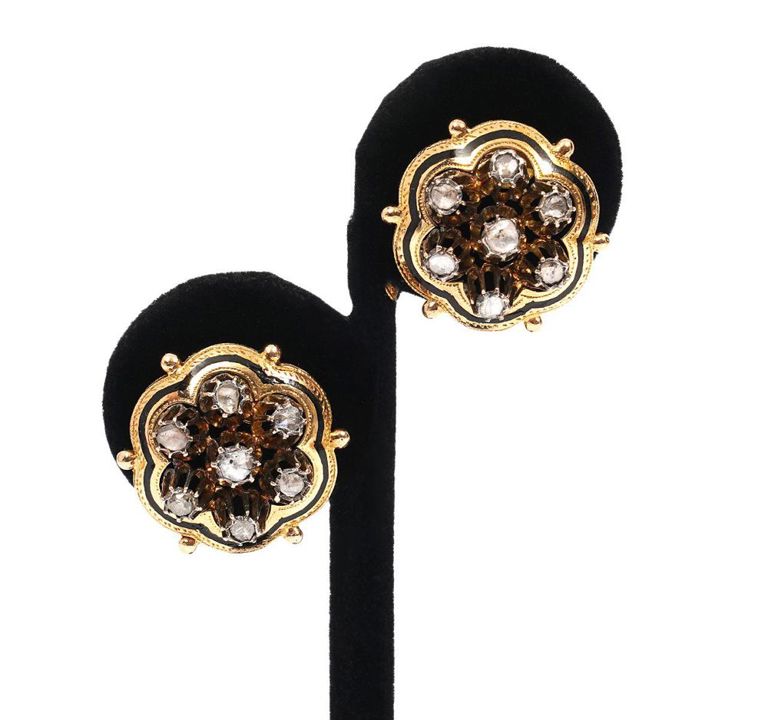Antique 18K YG, Diamond & Enamel Earrings